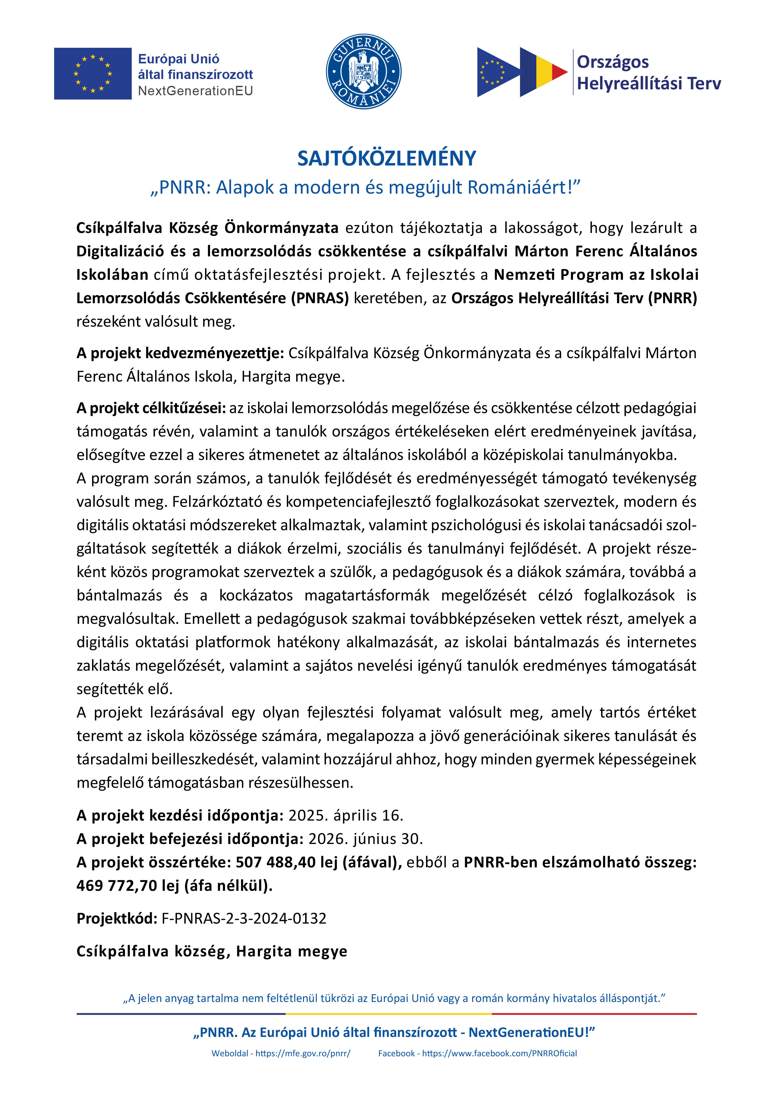 "PNRR: Alapok a modern és megújult Romániáért!"